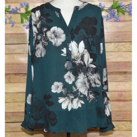 Zac & Rachel Womens Green Floral V-Neck Blouse Plus Size 2X Long Roll Tab Sleeve - Picture 8 of 12